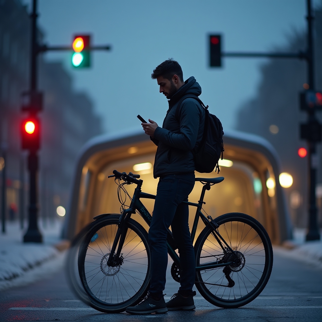 Commuter with a bicycle in the early morning in Warsaw, checking route on phone before setting off