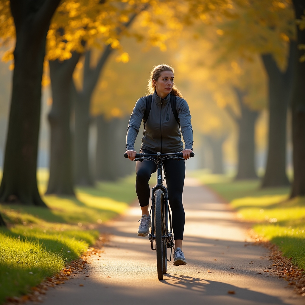 Health-conscious commuter on a quiet tree-lined cycling path through a Warsaw park in autumn morning light