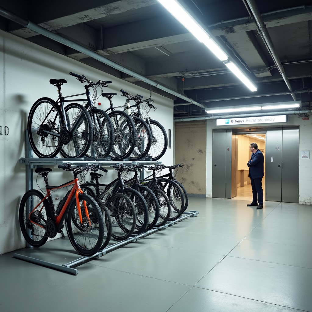Clean indoor bicycle parking facility in a modern Warsaw office building with secure racks and good lighting