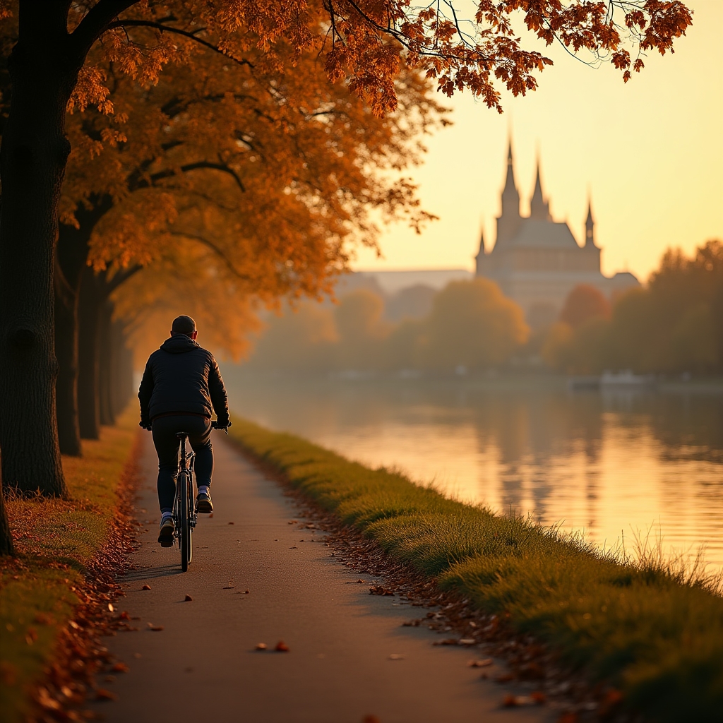 Cyclist riding along a riverside bike path in Kraków with the Wawel castle visible in background