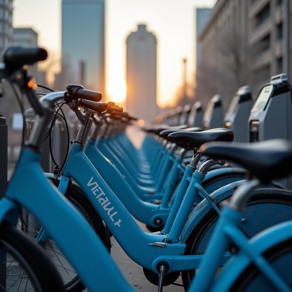 Veturilo city bike docking station in Warsaw with multiple bikes available
