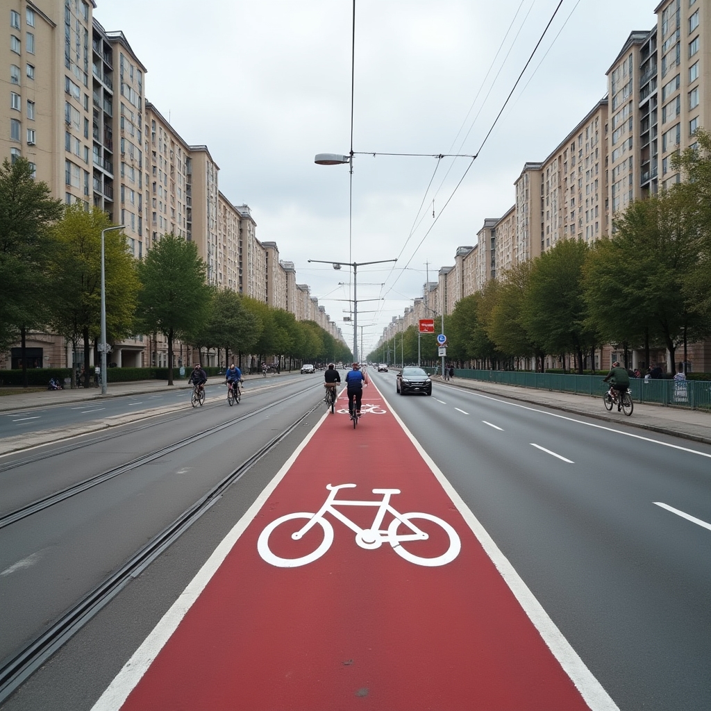 Wide dedicated cycling path through Warsaw with clear markings and separation from traffic