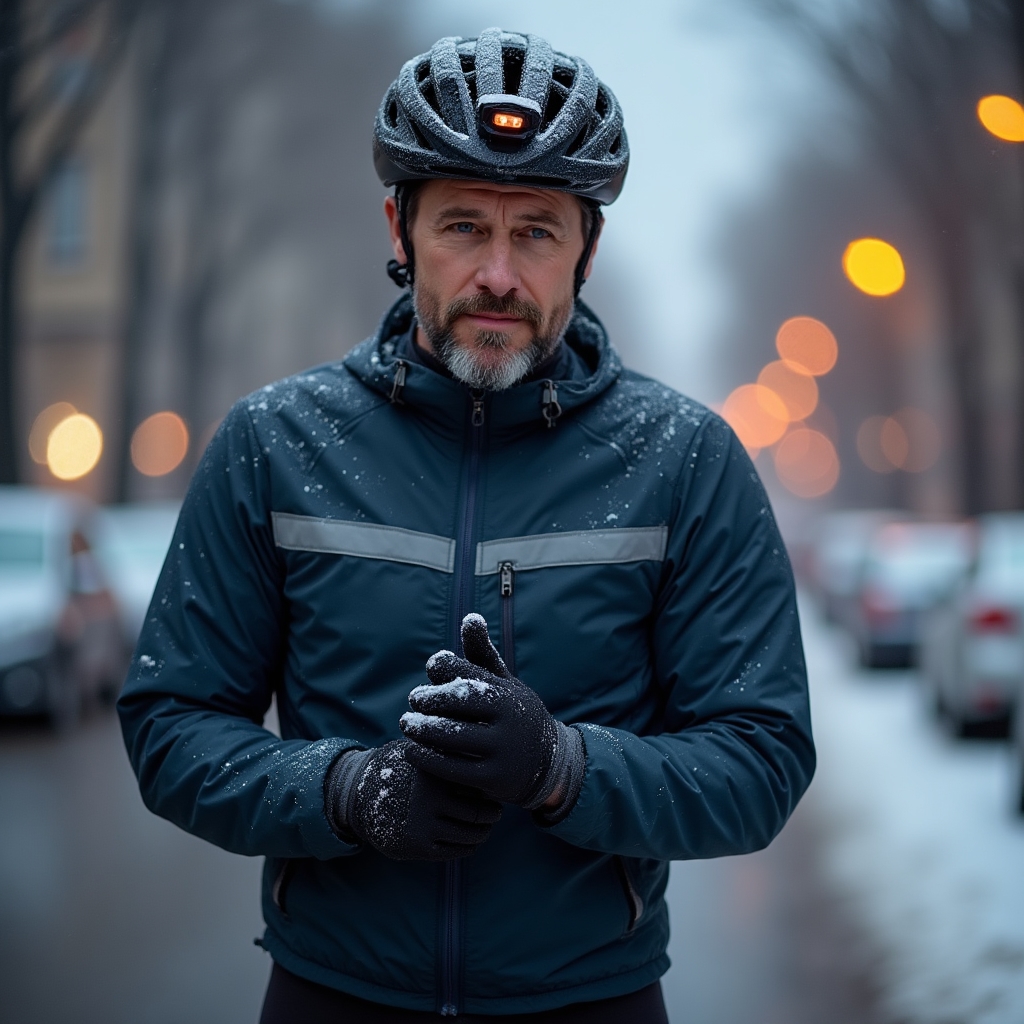 Cyclist fully equipped for winter commuting in Poland with waterproof jacket, gloves and lights on a snowy Warsaw street